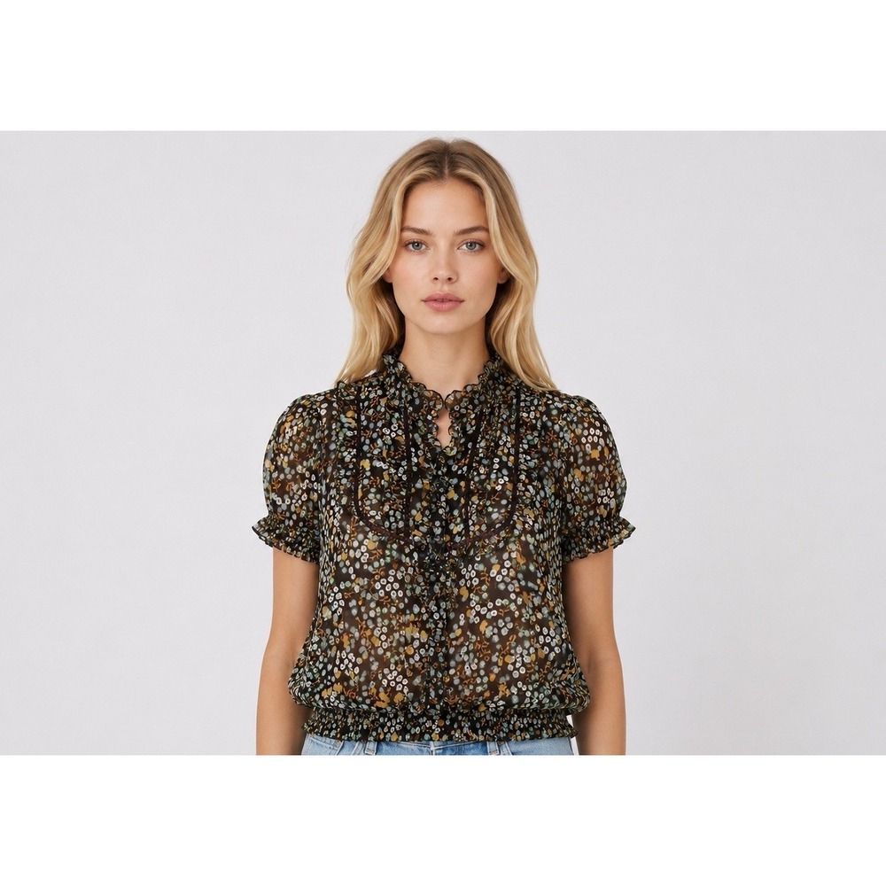 Kimchi Blue Sheer Floral Ruffle Blouse Brown Cottagecore Boho Puff Sleeve‎ Top